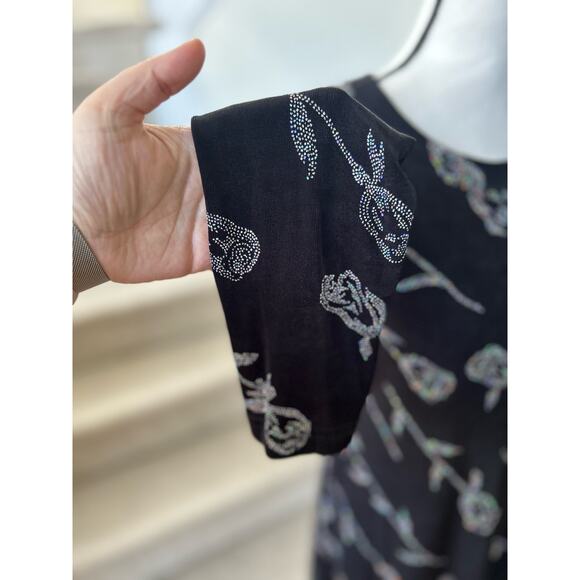 Vintage Y2K 90s Ronni Nicole Black Ribbed Sparkly Glitter Silver Rose Dress - Picture 3 of 8